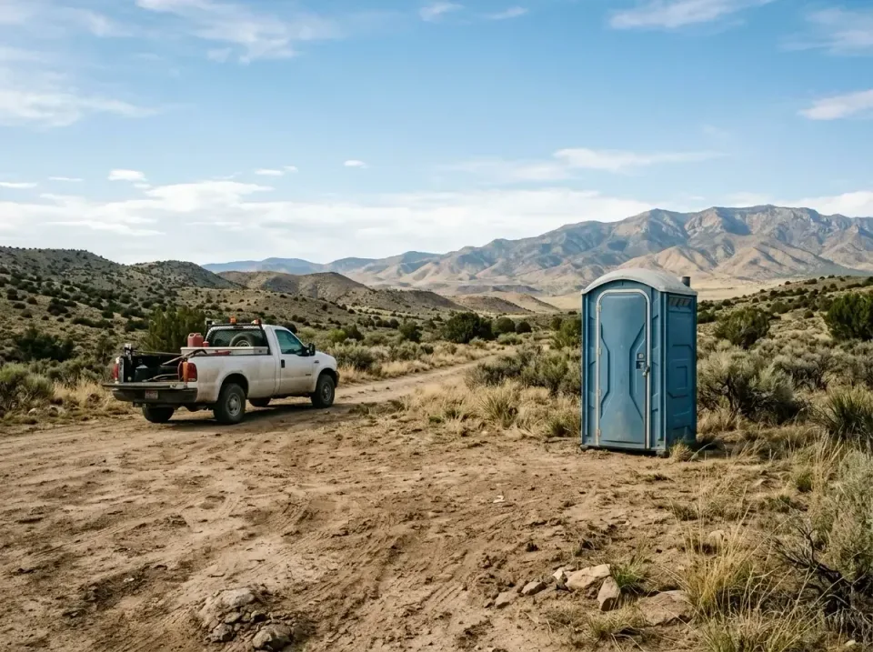 Portable Toilet — Remote Location — Portable Toilet, Pickup Truck, Dirt Road, Remote Location, Standard Porta Potty Rental i…